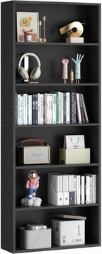 Vongrasig 6-Tier Open Bookcase and Bookshelf, Floor Standing Wood Display Storage Shelves 71 Inch Tall Bookcase Home Decor Furniture for Home Office, Living Room, Bed Room, Black