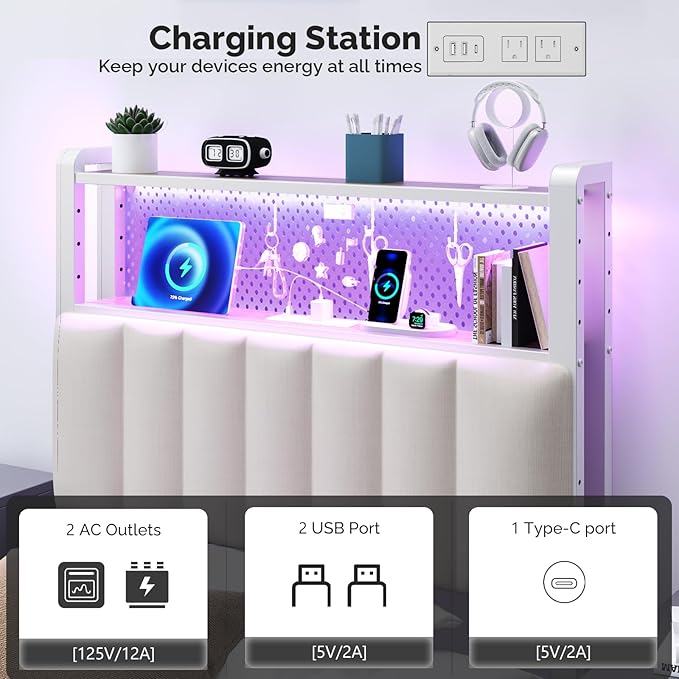 VINGLI Twin or Twin XL Size Headboard, Adjustable Upholstered Headboard with 2 Tier Shelves and Pegboard with Charging Stations and LED Lights, Modern Bed Headboard with Storage for Bedroom Decor