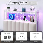 VINGLI Twin or Twin XL Size Headboard, Adjustable Upholstered Headboard with 2 Tier Shelves and Pegboard with Charging Stations and LED Lights, Modern Bed Headboard with Storage for Bedroom Decor