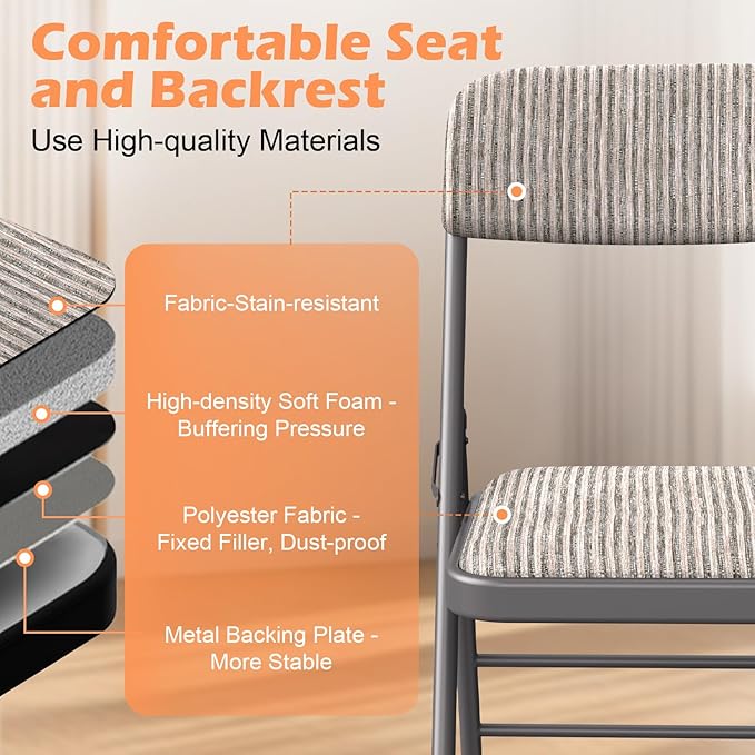 Commercial Grade Folding Chair with Padded Fabric Cushion（16"X16" |Double-hinged Legs Luxury Style|4.5kg Capacity Max Weight 150Kg for Home and Office,Indoor and Outdoor Events (2, Fabric-Beige)