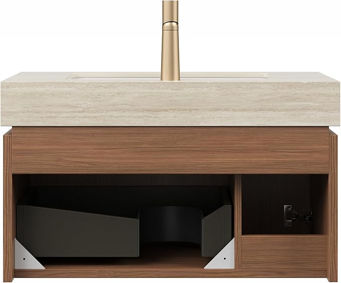 Bathroom Vanity with Sink 30 Inch, Floating Bathroom Vanity Sink Cabinet with Drawer and Door, Undermount Sink & Travertine-Pattern Sintered Stone Top, Pre-Assembled, Espresso