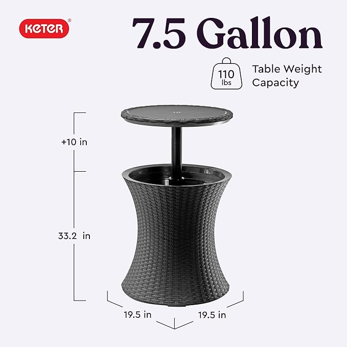 Keter Pacific Cool Bar Outdoor Patio Furniture and Hot Tub Side Table with 7.5 Gallon Beer and Wine Cooler, Dark Grey