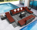 NICESOUL 13 Piece Wicker Patio Set with Chaise Lounge, XL Size 10-Seaters Outdoor Sectional Furniture with Long Firepit Suitable for Natural Gas/Propane, All Weather Heavy Duty Outside Sofas, Grey&Red