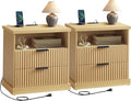 VASAGLE MAXE Collection - Set of 2 Nightstands with Charging Station, Fluted Night Stand, Bedside Table, Mid Century Modern Side End Table, 2 Drawers, 2 AC Outlets, 2 USB Ports, Oak Beige ULET926Y01