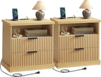 VASAGLE MAXE Collection - Set of 2 Nightstands with Charging Station, Fluted Night Stand, Bedside Table, Mid Century Modern Side End Table, 2 Drawers, 2 AC Outlets, 2 USB Ports, Oak Beige ULET926Y01