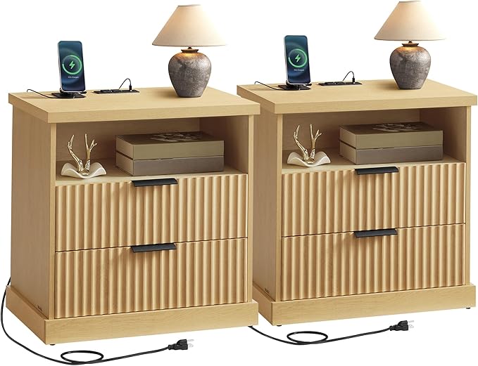 VASAGLE MAXE Collection - Set of 2 Nightstands with Charging Station, Fluted Night Stand, Bedside Table, Mid Century Modern Side End Table, 2 Drawers, 2 AC Outlets, 2 USB Ports, Oak Beige ULET926Y01