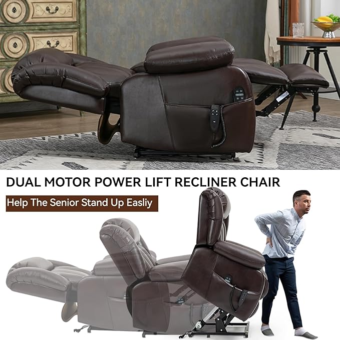 Luxlen Electric Power Lift Recliner Chair with Vibration Massage and Heat, Faux Leather Reclining Chairs for Elderly with Remote Controls, Side Pockets, Big and Tall Recliner, Brown