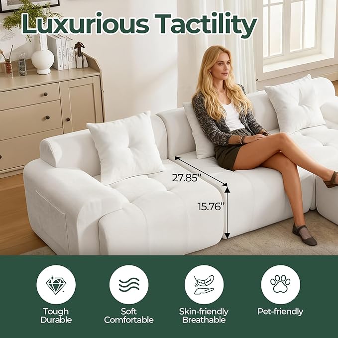 101.65” Modular Sectional Couch for Living Room, 3-Seater Cloud Sofa with Deep Seat, Woven Texture Upholstery Boneless Couch, No Assembly, Beige