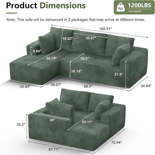 108” Cloud Sectional Couch, Modular Sectional Sofa with Deep Seat, Corduroy Boneless Couches with Chaise for Living Room Bedroom, No Assembly Required