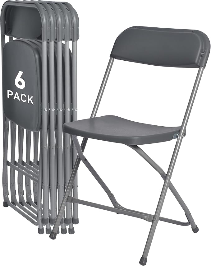 SEALAMB 6 Pack Gray Plastic Folding Chairs for Indoor Outdoor, Portable Commercial Seat with Steel Frame for Home Office Wedding Party Events, 350lb Capacity (Gray-Plastic, 6 Pack)