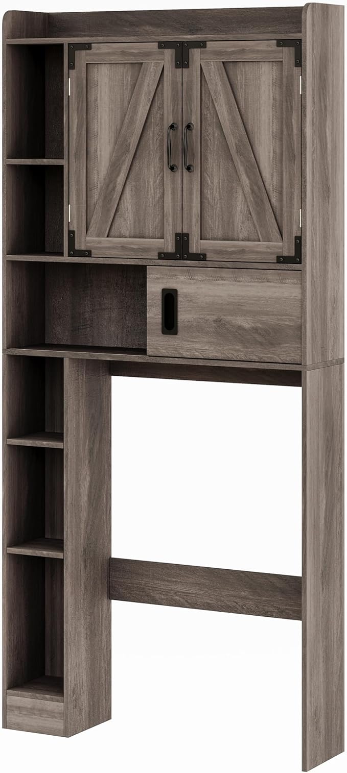 ChooChoo Over The Toilet Storage Cabinet, Farmhouse Bathroom Storage Cabinet with Sliding Door, Over Toilet Storage with Adjustable Shelves, Space-Saving, Grey