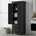 Polibi Tall Storage Cabinet with 2 Drawers, 3-Tier Adjustable Shelves & 2 Doors, Floor Freestanding Cabinet for Bathroom, Living Room, Black