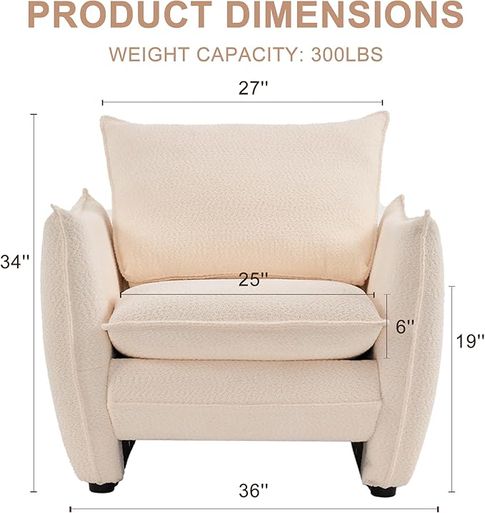 Oversized Armchair, Modern Accent Chair Upholstered in Soft Cloud Fabric with Plush Cushions – Comfy Lounge Chair for Reading Nook, Living Room, and Bedroom (Beige, Set of 1)