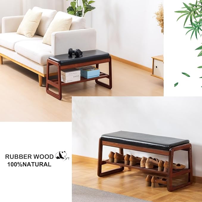 latifolia Solid Wood Bench, Entryway Shoe Bench with Cushion, 2 Tier Shoe Storage Organizer for Hallway, Living Room(Black,31.50''L)