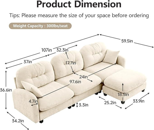 107" L Shaped Sofa for Living Room, Comfy Chenille Fabric Cloud Sectional Couch, Modern Upholstered Deep Seat Sofa with Pillow and Movable Ottoman, Oversized 3 Seater Sectional Sofa, Beige