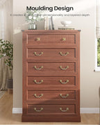 AOGLLATI Farmhouse Dresser with 6 Drawers, 51.2”Tall Wooden Rustic Chest of Drawers with Natural Texture, Vintage Design, Bedroom Dressers with Drawers for Bedroom, Oak Brown