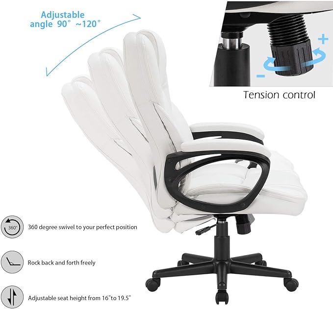 Furmax Home Desk Chair Office Executive Chair High Back Adjustable Managerial,Swivel Computer PU Leather Chair with Lumbar Support (White)