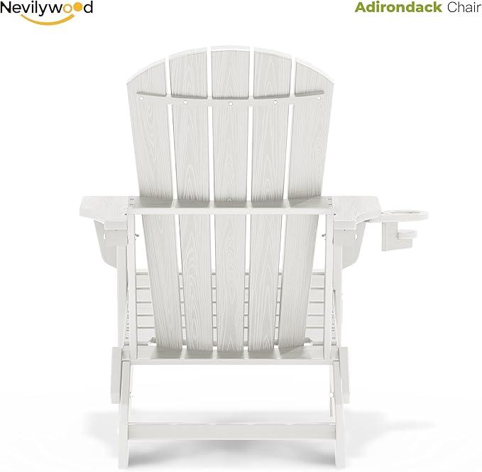 nevilywood Folding Adirondack Chair with Cup Holder Set of 4, HDPE Patio Chairs,All-Weather Outdoor Chairs for Backyard, Deck,Fire Pit-White