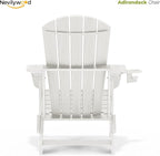 nevilywood Folding Adirondack Chair with Cup Holder Set of 4, HDPE Patio Chairs,All-Weather Outdoor Chairs for Backyard, Deck,Fire Pit-White