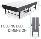 Folding Bed with Mattress for Adults, 75" x 38" Foldable Bed, Twin Size Metal Bed Frame with Wheels, Portable Rollaway Bed for Guest, Travel