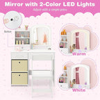 GLACER Kids Vanity Table and Chair Set, Princess Makeup Vanity Desk with 5 Drawers, Open Shelves, Mirror, 2-Color LED Lights, Wooden Toddler Vanity, Pretend Play Vanity Set for Little Girls (White)