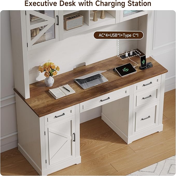 ONBRILL 72" H Farmhouse Executive Desk with Hutch, Office Desk, Computer Desks with Charging Station, Computer Workstations with 5 Drawers and Storage Cabinet for Home, Office, Off White & Walnut