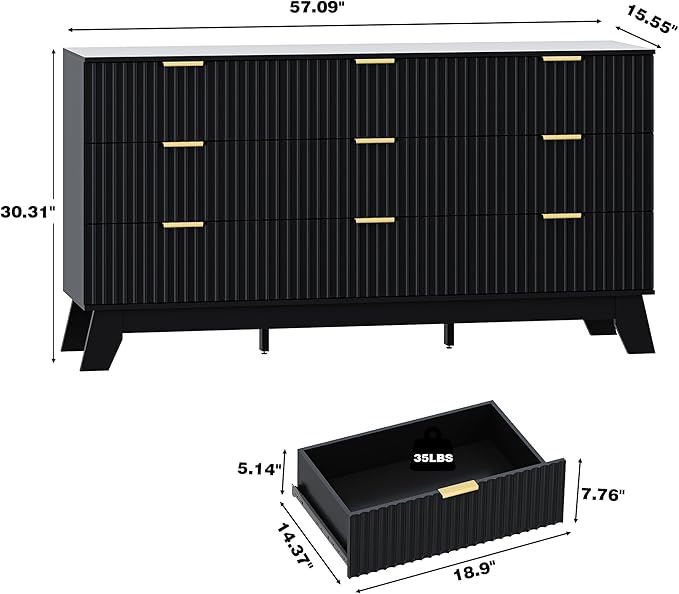 Fluted Dresser for Bedroom with 9 Drawers, 57" Mid Century Modern Dresser of Closet TV Stand, Nature Wood Dressers with Gold Handle, Boho Closet Wide Modern Chest of Drawers, Black