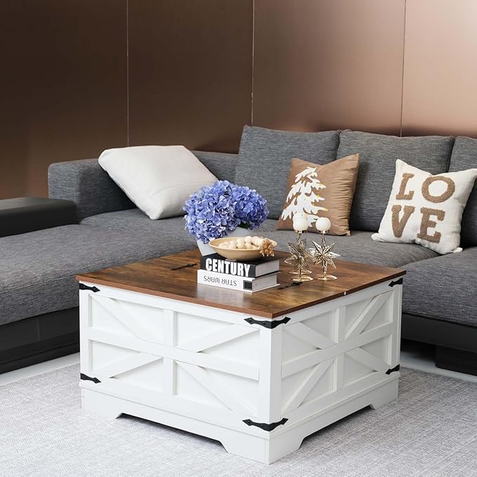 Farmhouse Coffee Table Set of 3, 1 Lift Top Coffee Table with Sliding Barn Doors and 2 End Tables with Charging Station, Living Room Table Set for Home Office, White