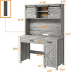 Farmhouse 47" Executive Computer Desk with 2 Drawers and Storage Cabinet, Home Office Desk with Hutch and Charging Station, Workspace for Work and Study (Grey).