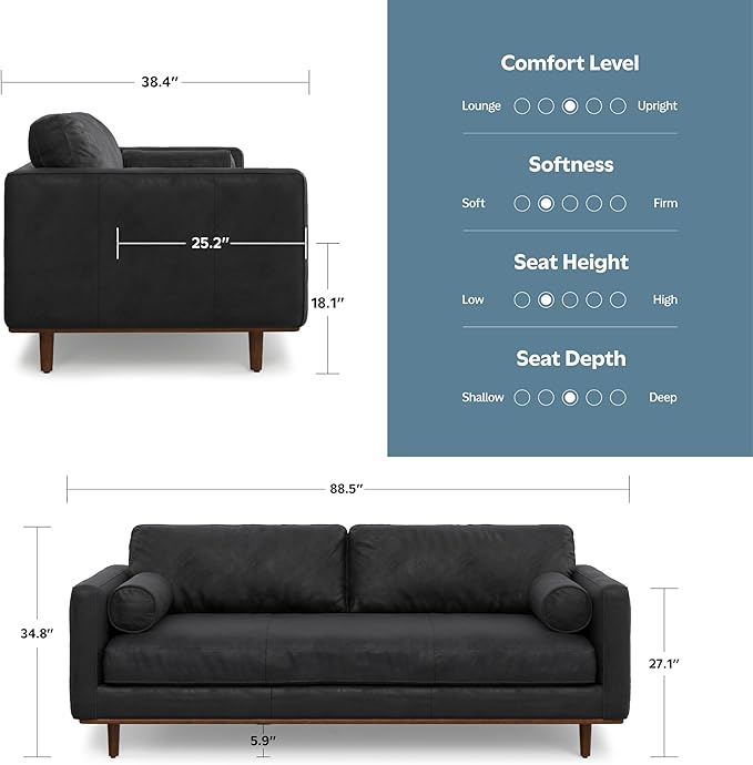 SIMPLIHOME Morrison 89-inch Wide Sofa in Lead Black Genuine Leather, Mid-Century Modern Design Couch for Living Room, Single Bench Cushion, 2 Back Cushions, 2 Bolster Pillows