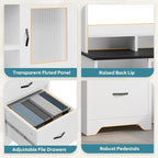 Bestier 77.8" H Executive Desk with Hutch, Modern Wood Computer Desk with Drawers, Charging Station, LED Light, Fluted Storage Cabinet, Keyboard Tray, 59" W Office Desk for Home Office, White
