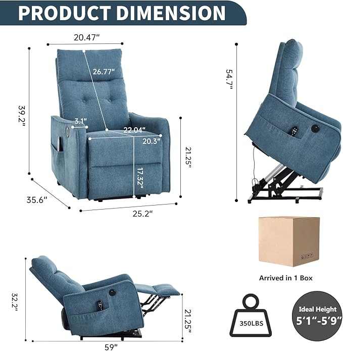 PELUMY Manual Lift Recliner Chair with Massage and Heat for Elderly, Single Motor Electric Lift Chair, Heavy Duty Recliner with USB Charging & Side Pockets (Chenille, Blue)