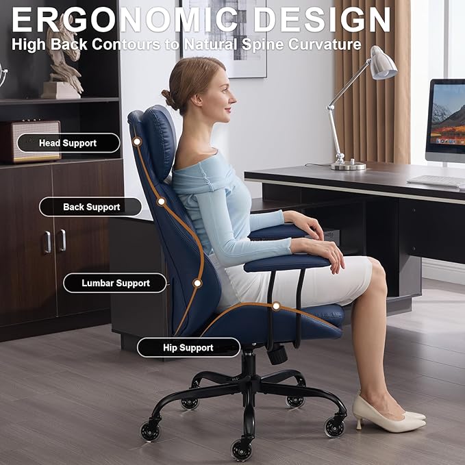 Home Office Desk Chair, PU Casters Ergonomic Computer Chair with Lumbar Support, Adjustable Height, 360°Rolling Swivel Chair, High Back Executive Task, Padded Armrests Chair, Blue Leather