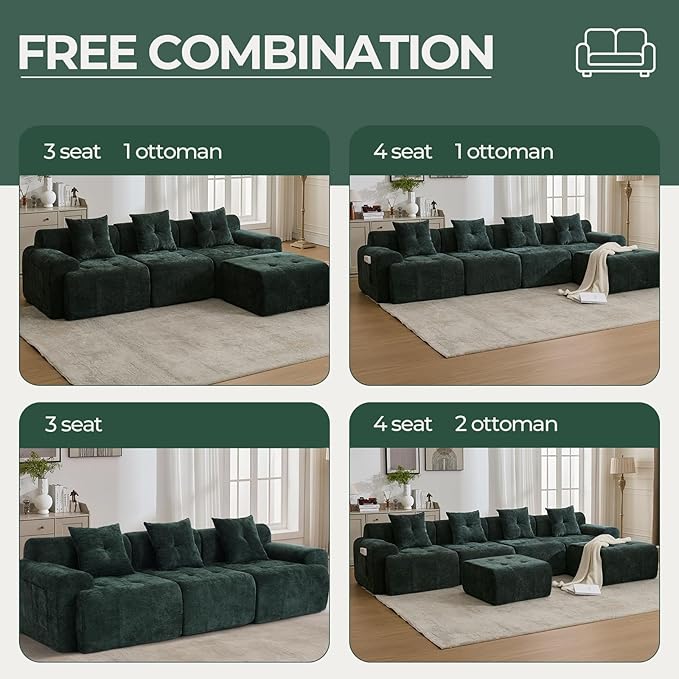 129.23”Modular Sectional Couch for Living Room, Modren L-Shape Cloud Sectional 4-Seater Sofa with Movable Ottoman, Woven Texture Upholstery Boneless Couch, No Assembly, Green