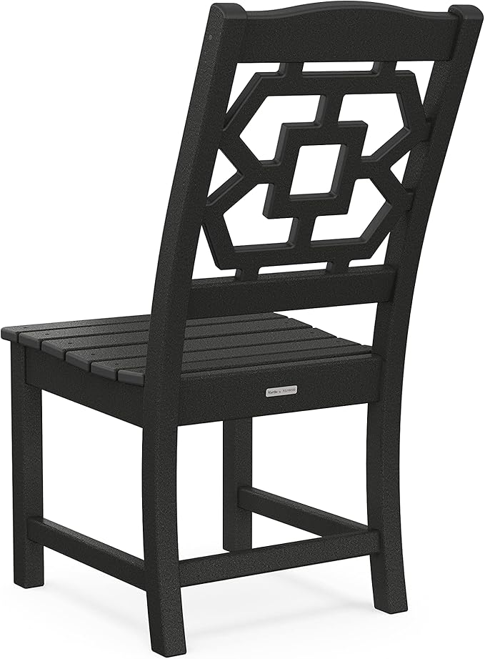 Martha Stewart by POLYWOOD Chinoiserie Outdoor Dining Side Chair, Black, Durable HDPE All-Weather, Comfortable Patio Seating with Latticework Back, Backyard, Garden Furniture, Made in The USA