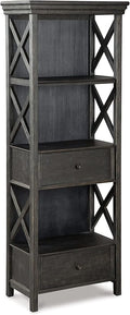 Signature Design by Ashley Tyler Creek Casual Farmhouse 75" Display Cabinet or Bookcase with Drawers and Shelf, Open Lattice Sides, Wood, Gray Black Finish
