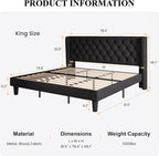 SHA CERLIN King Size Platform Bed Frame with Upholstered Headboard and Wingback, Button Tufted Design, Easy Assembly, No Box Spring Needed, Black