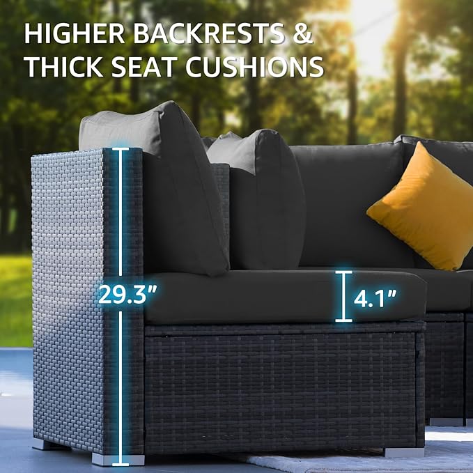 NICESOUL 7 Piece Outdoor Patio Sectional Furniture Set with Fire Pit Table Natural Gas/Propane, 29.3'' High Back Extra Large Size PE Rattan Sofa Conversation for Outside, Wide Deep Seat Couches, Gray