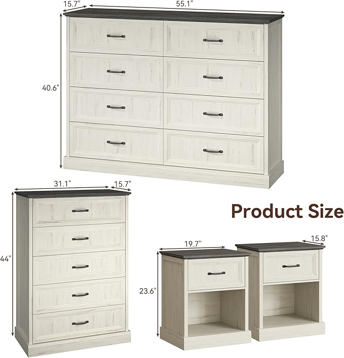 Farmhouse Dresser and Nightstand Sets, 4Pcs Bedroom Furniture Set, Nightstand Set of 2 & 55" Wide 8 Drawer and 44" Tall 5 Drawer Dresser with Large Drawers & Bar Handles, White