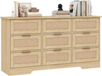 LTMEUTY 9 Drawer Dresser for Bedroom, Rattan Chest of Drawers, Modern Boho Wood Dresser Chest with Golden Handles, 55” Wide Large Storage Long Dressers Organizer for Closet, Entryway, Living Room