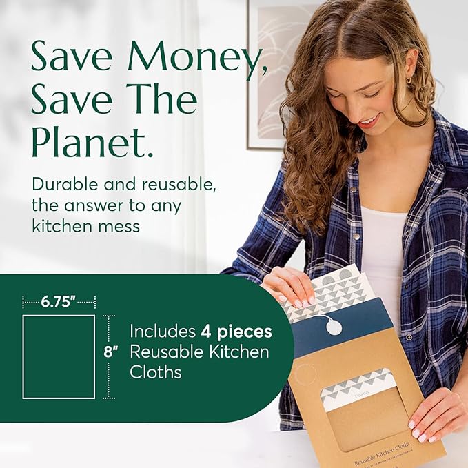 CLEANOMIC Reusable Kitchen Cloths (4 Pack) - Kitchen Washcloths, Dish Towels, Cleaning Cloths, Dish Cloths for Washing Dishes, Dish Rags for Washing Dishes, Reusable Paper Towels