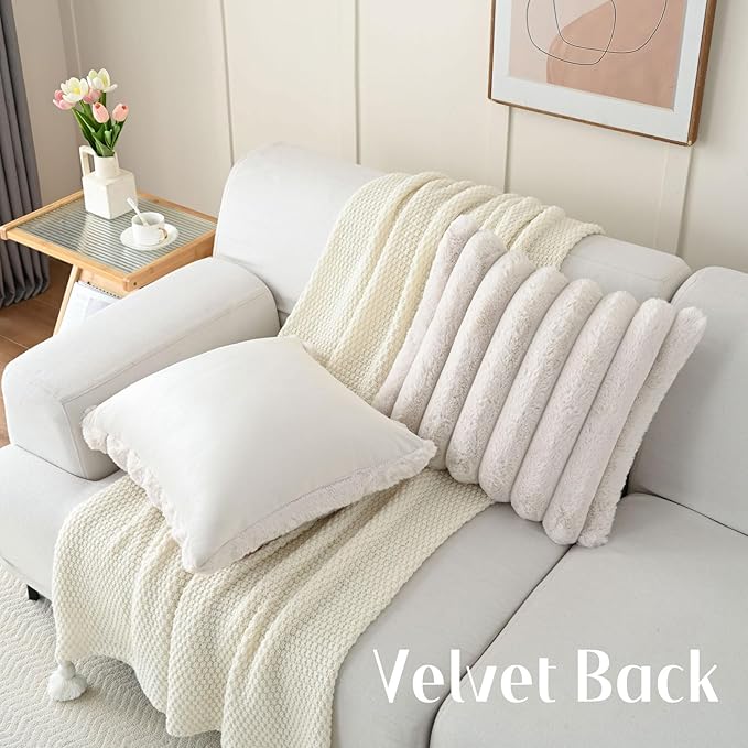 FUTEI Beige Decorative Throw Pillow Covers 26x26 Inch Set of 2, Square Soft Faux Rabbit Fur Thick Striped Euro Pillow Shams,Winter Home Decor for Couch Bed Living Room