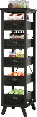 Tribesigns Black Wood Fruit and Vegetable Storage Rack Set of 2, 5-Tier Narrow Snack Stand Kitchen Stand Fruit Basket, Pull-Out Utility Organizer for Kitchen, Living Room