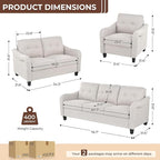 3 Piece 6-Seater Living Room Sofa Set, Modern Upholstered 3-Seater Sofa, Loveseat & Armchair, Handmade Nailhead Trim, Ergonomic Deep-Seat Couch for Living Room (Beige, Rolled Arm)