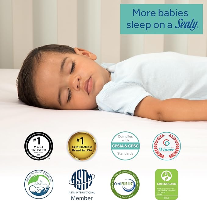 SEALY BABY Refresh Breathable 2 Stage Waterproof Crib Mattress Plus Toddler Bed Fit, Removable Knit Cover, GREENGUARD Gold Certified, Safety & Quality Tested, Made in USA, 52X28 -White