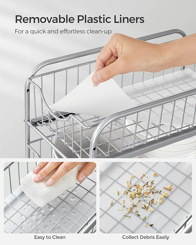 SONGMICS 2-Tier Pull Out Cabinet Organizers, Under Sink Organizer, Bathroom Organizer and Storage, Sliding Basket Drawers, Stackable for Kitchen, Bathroom, Metallic Silver UKCS017E01