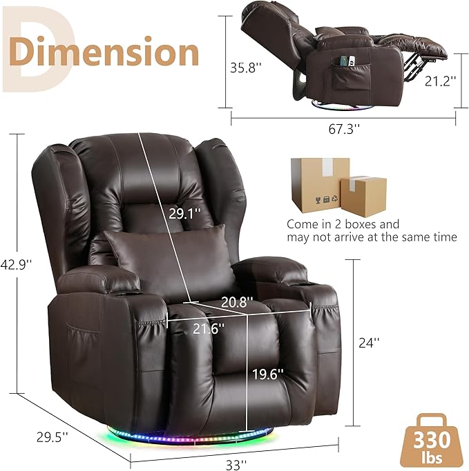 Power Swivel Rocker Recliner Chairs, Electric Wall Hugger Reclining Sofa with Massage & Heat, Comfy Theater Seating Single Sofa with LED Light/USB/Type-C Ports (Leather Brown, Single Chair)