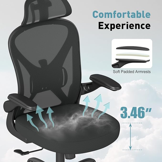 ZZH Ergonomic Office Chair Set of 6 with Adjustable Lumbar Support and Headrest, Mesh Home Office Desk Chair with Wheels and Flip-up Arms, Black