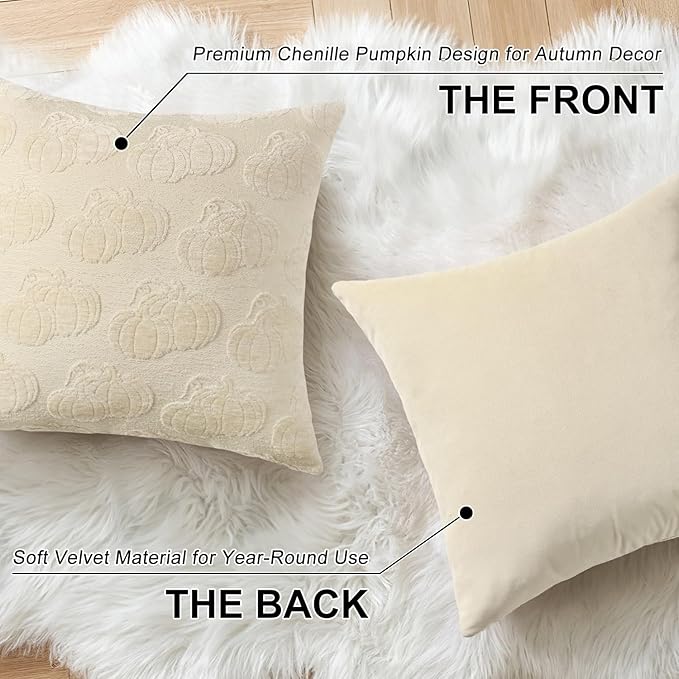 decorUhome Decorative Two Beige Pumpkins Thanksgiving Throw Pillow Covers 18x18 Set of 2, Soft Chenille Jacquard Farmhouse Textured Pillow Covers for Couch Bed Sofa Autumn Harvest Halloween Holiday