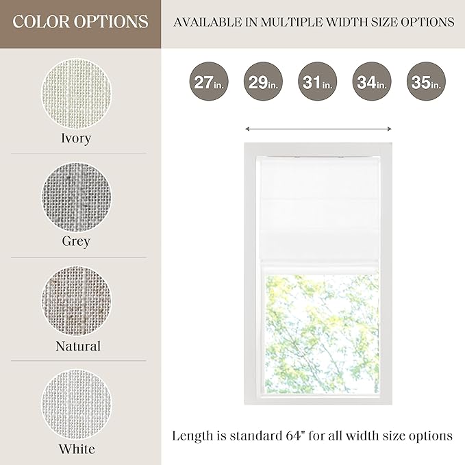 Madison Park Kyler Cordless Roman Shades - Single Panel, Lightweight Linen Blend Fabric, Natural Design, Easy Installation, Light Filtering Window Blind, Bedroom, Living Room Decor 31"W x 64"H White